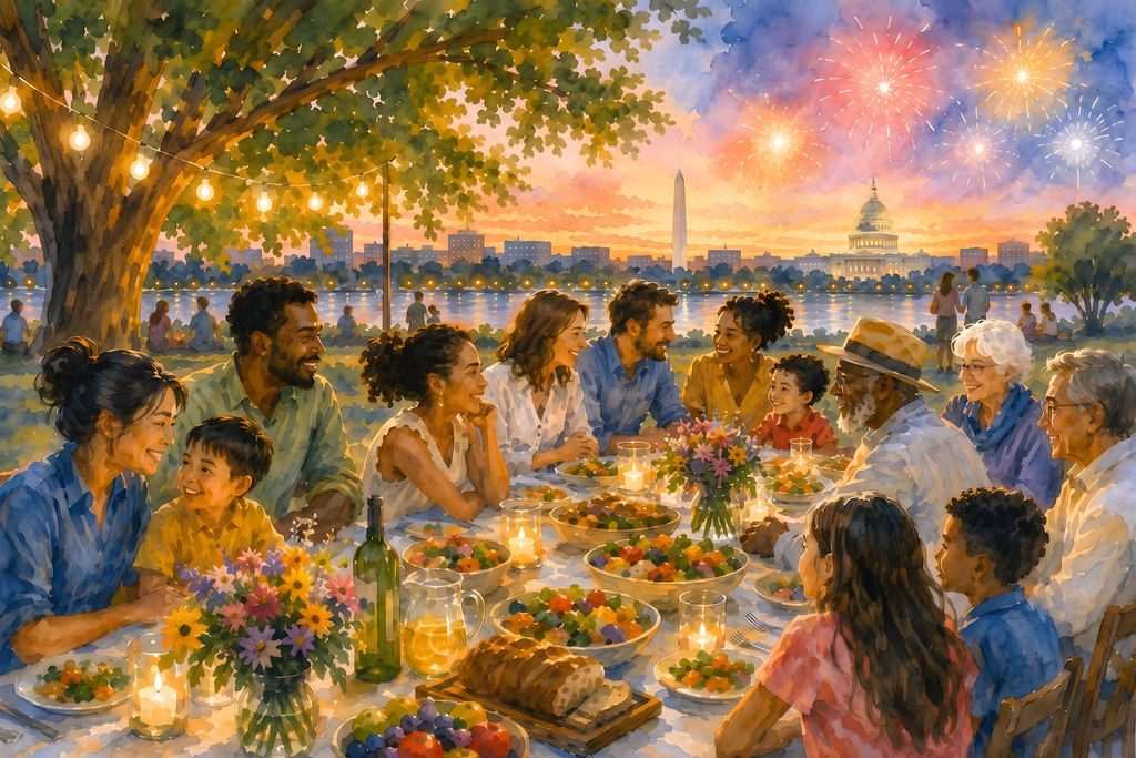Watercolor art showing a diverse multigenerational group of Americans gathered around a long outdoor table sharing a meal at sunset, with the Washington Monument, U.S. Capitol, and fireworks in the background, symbolizing community, inclusion, and America’s 250th anniversary.
