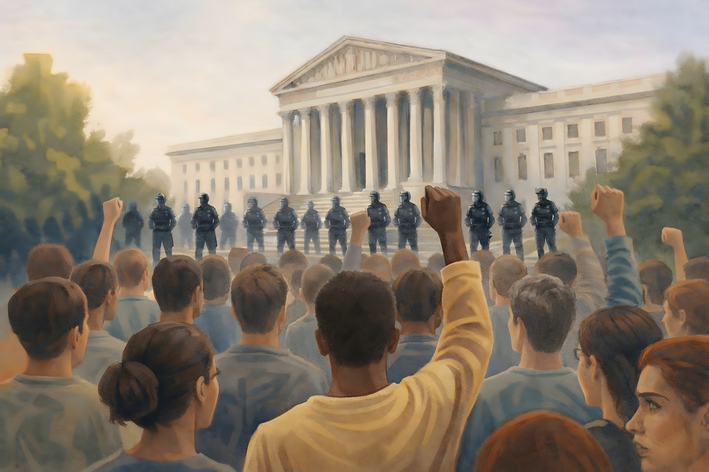 Protest art and political art showing citizens protesting the presence of ICE officers.