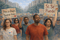 Watercolor civic art scene and political art with sign reading "This is their home too." Showing diverse marchers advocating belonging, community, and inclusion.