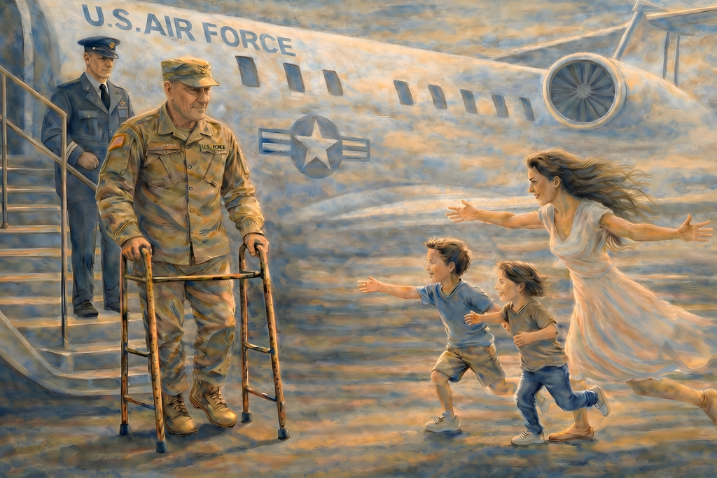 Fine civic artwork depicting a wounded U.S. veteran descending aircraft stairs with a walker on a sunlit tarmac as his family runs toward him with open arms, with a military aircraft and Air Force insignia in the background
