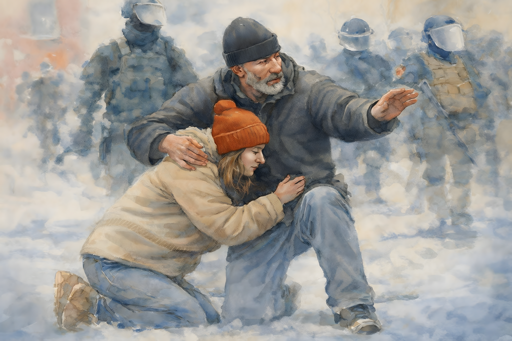 Political art showing a man shielding a woman as officers advance through haze conveying protection from fear and intimidation amid unrest