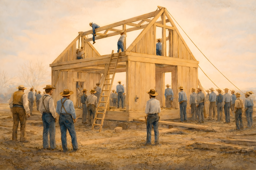 Civic art showing a group of Amish men raising a house for a neighbor