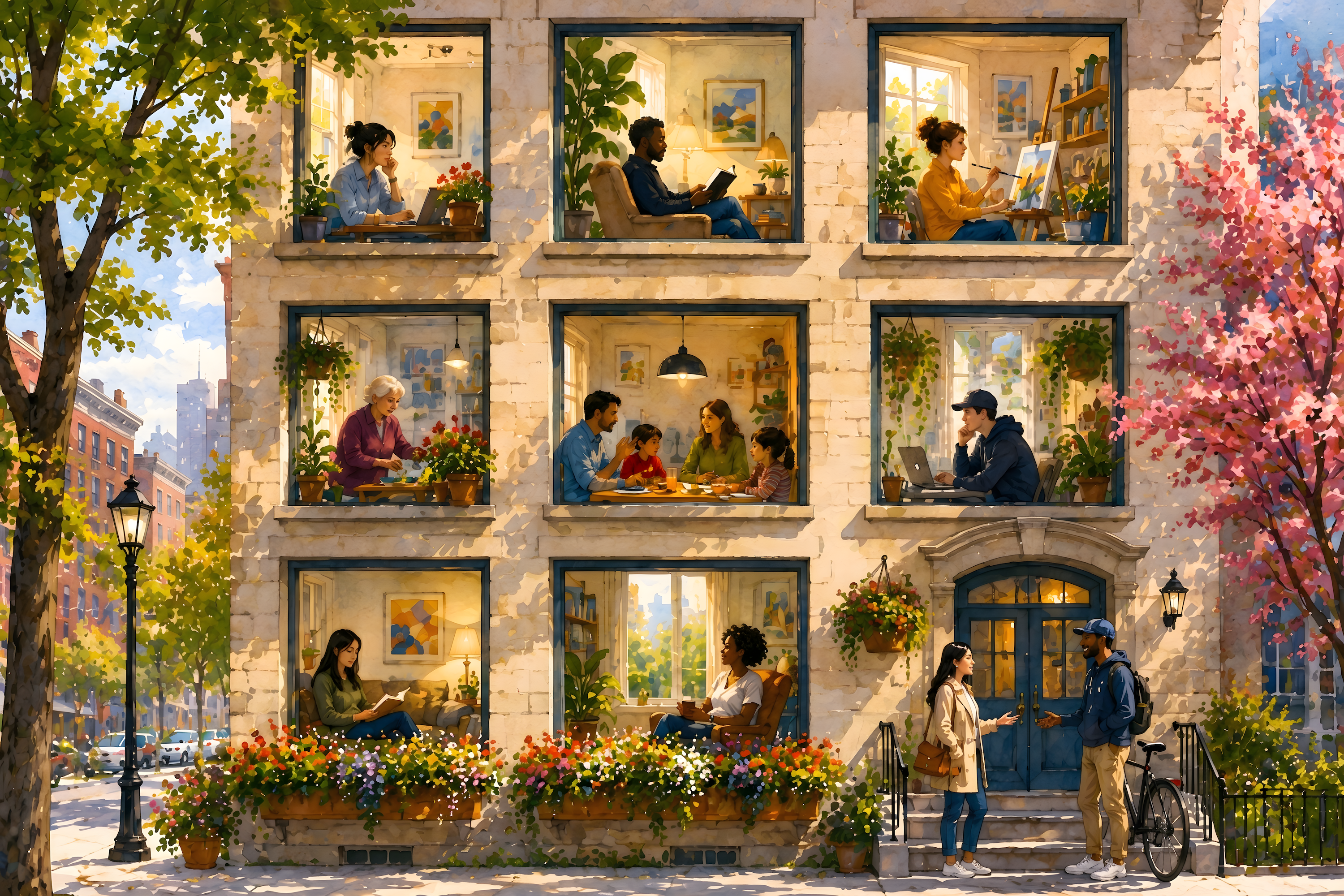 Watercolor print of a sunlit apartment building with diverse residents visible through different windows. Individuals and families read, create, work, and gather separately while two neighbors talk outside near flowers and trees, symbolizing different perspectives within one shared community.