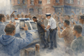 Civic art and political art of man handcuffed beside police car as crowd records with phones, Watercolor image of civic tension and public accountability
