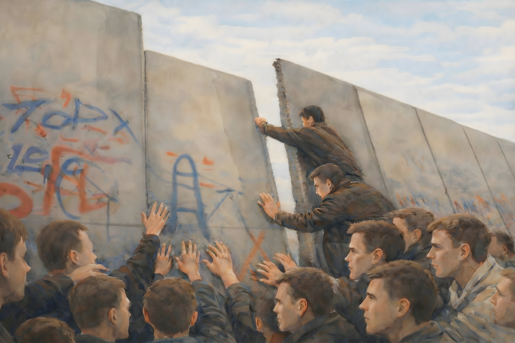 Democracy art and political art showing people climbing over the Berlin Wall and embracing freedom