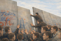 Democracy art and political art showing people climbing over the Berlin Wall and embracing freedom