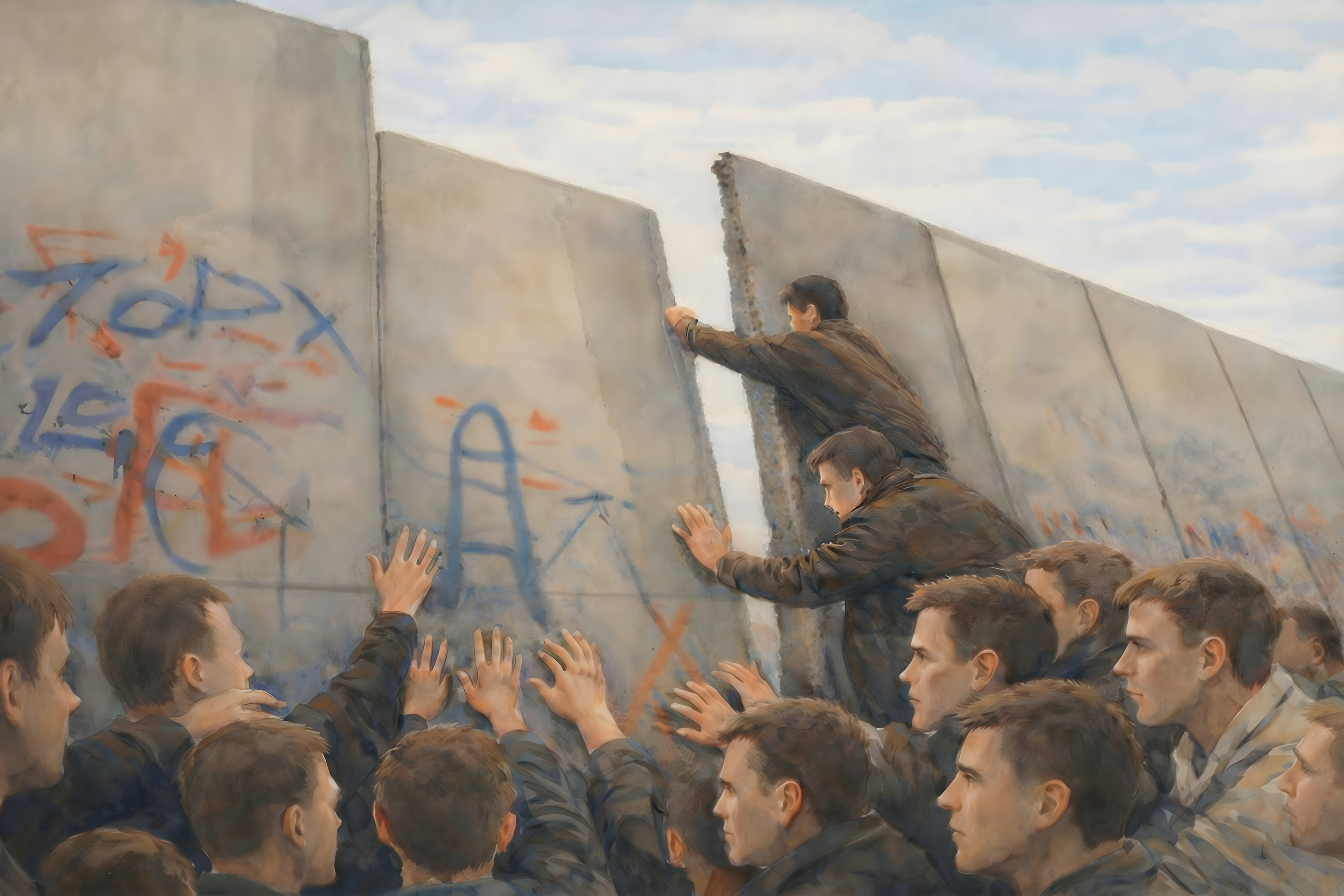 Democracy art and political art showing people climbing over the Berlin Wall and embracing freedom
