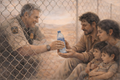 Civic art showing a border patrol officer handing a bottle of water to an immigrant family.