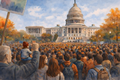 Watercolor democracy art showing a large crowd of protesters gathered in front of the U.S. Capitol.