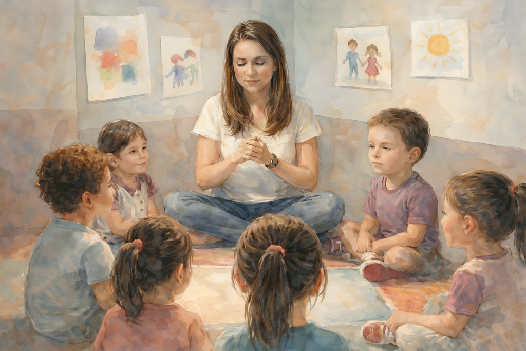 Civic art showing classroom of young students sitting in a circle as their teacher sits at the front guiding the lesson, the scene shows a shared moment of focus, early learning and the formation of civic life