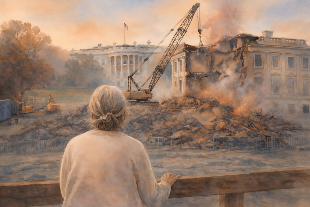 Watercolor civic art scene and political art of White House East Wing demolition with crane and debris, lone figure watching as history and institutional memory are lost.