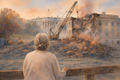 Watercolor civic art scene and political art of White House East Wing demolition with crane and debris, lone figure watching as history and institutional memory are lost.