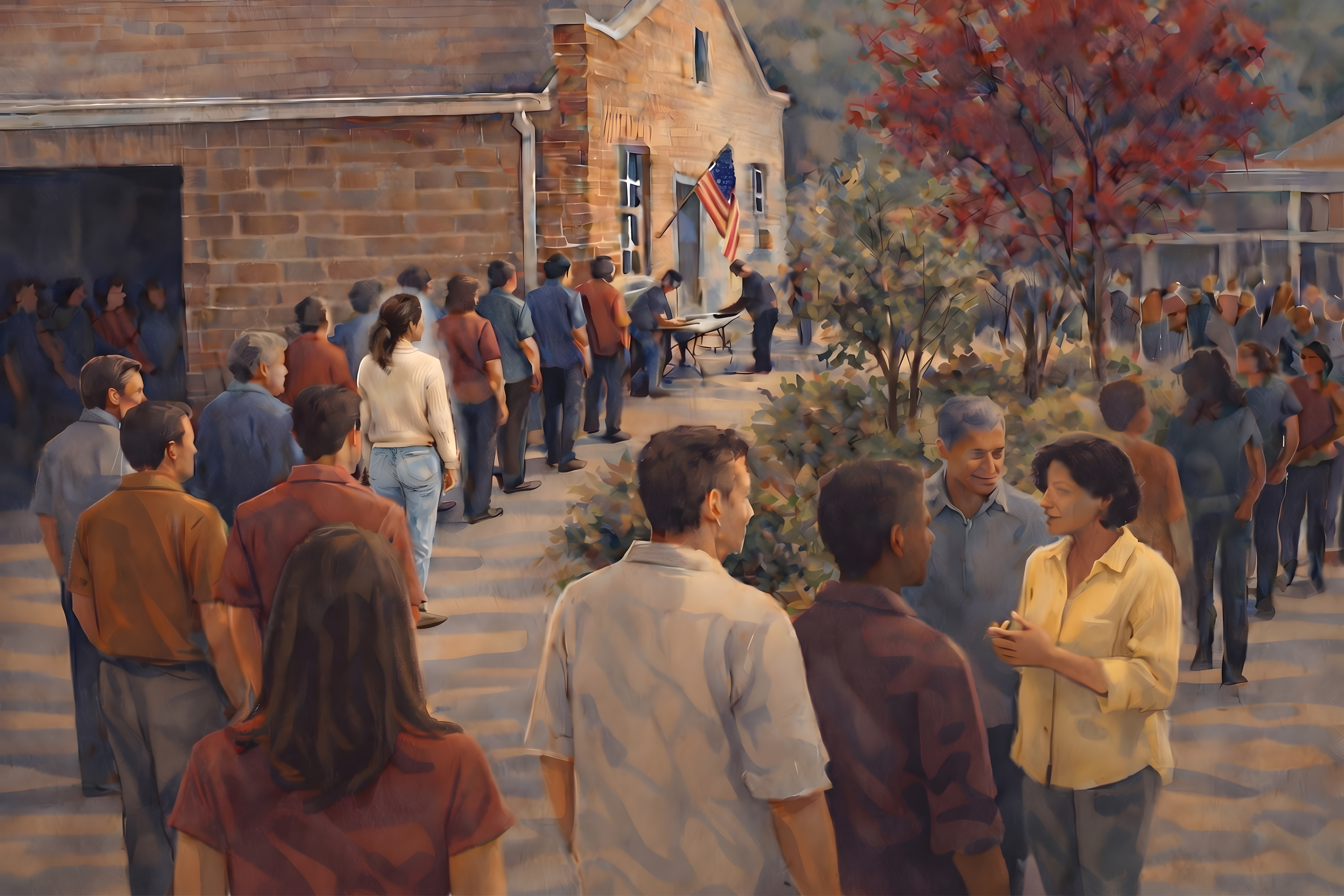 Citizens standing in line outside a neighborhood polling place, expressive voting art and civic engagement art celebrating democracy and civic participation. 