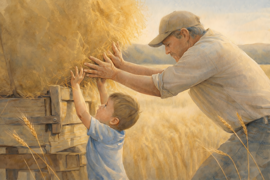 Farmer and young boy lift a large hay bale onto a wagon during harvest, warm watercolor art of shared work in a golden wheat field.