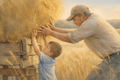 Farmer and young boy lift a large hay bale onto a wagon during harvest, warm watercolor art of shared work in a golden wheat field.