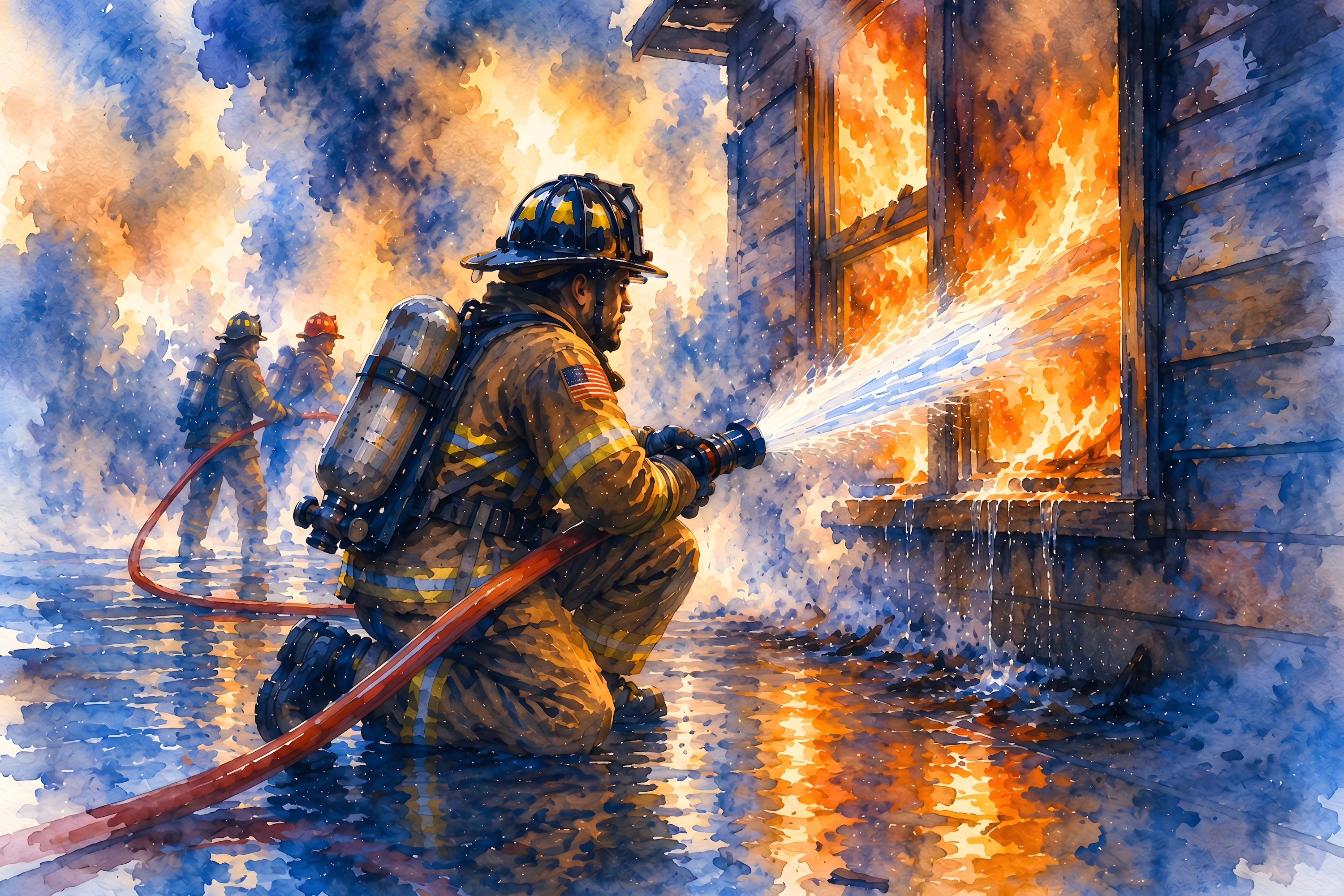 Watercolor fine art print showing a firefighter kneeling beside a burning building, directing a stream of water into towering flames as smoke and reflections fill this expressive print honoring courage and public service.