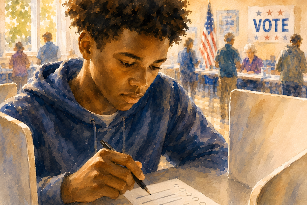 Democracy art showing a young African American man voting for the first time in a bright community polling place. He thoughtfully holds a pen above a ballot while voters, an American flag, and a vote sign appear softly in the background, symbolizing civic responsibility and the power of every voice.
