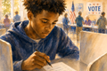 Democracy art showing a young African American man voting for the first time in a bright community polling place. He thoughtfully holds a pen above a ballot while voters, an American flag, and a vote sign appear softly in the background, symbolizing civic responsibility and the power of every voice.