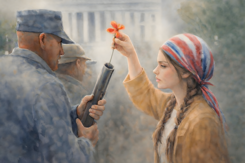 Expressive watercolor protest art and political art of a young woman raising a flower above a soldier's rifle, symbolizing peace over force in a public setting