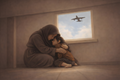 Parent and child huddle together beneath a table as a war plane flies overhead, shown in a somber watercolor scene of fear and protection