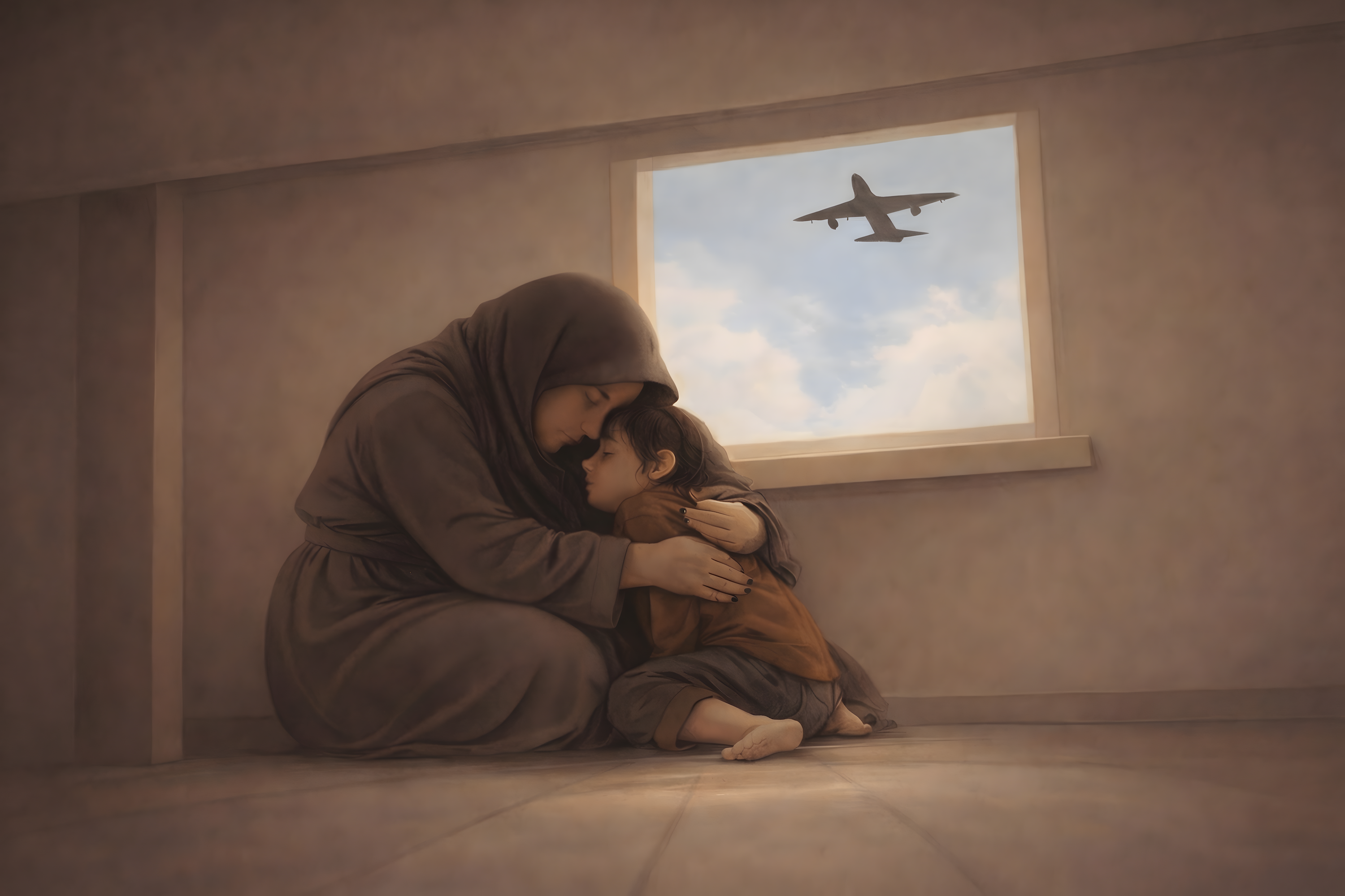 Parent and child huddle together beneath a table as a war plane flies overhead, shown in a somber watercolor scene of fear and protection