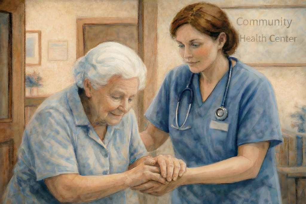 Watercolor civic art showing a nurse supporting an elderly woman inside a community health center, with a sign visible in the background