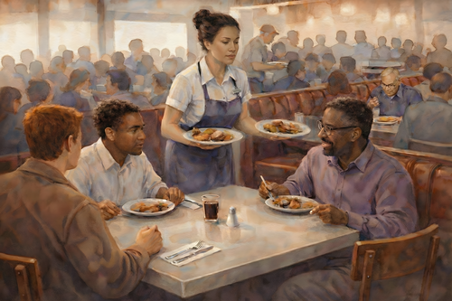 Hispanic waitress serves meals to diners at a busy restaurant, a warm watercolor scene celebrating everyday work and community.