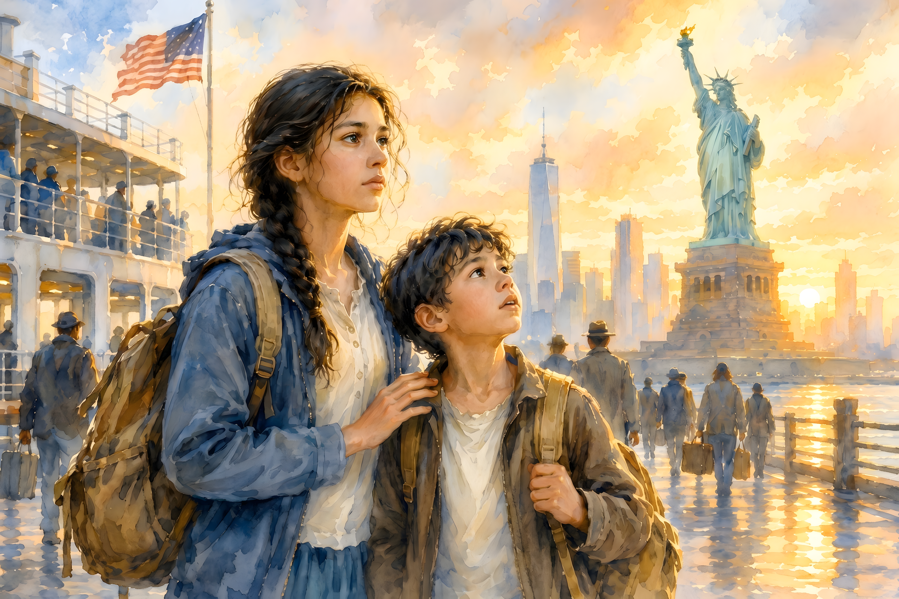 Watercolor print of a teenage immigrant girl and her younger brother newly arrived in New York Harbor at sunrise. Carrying worn backpacks, the girl rests a protective hand on her brother’s shoulder as they look toward their new home. The Statue of Liberty, city skyline, ferry, and golden reflections symbolize hope, uncertainty, and the beginning of a new life.