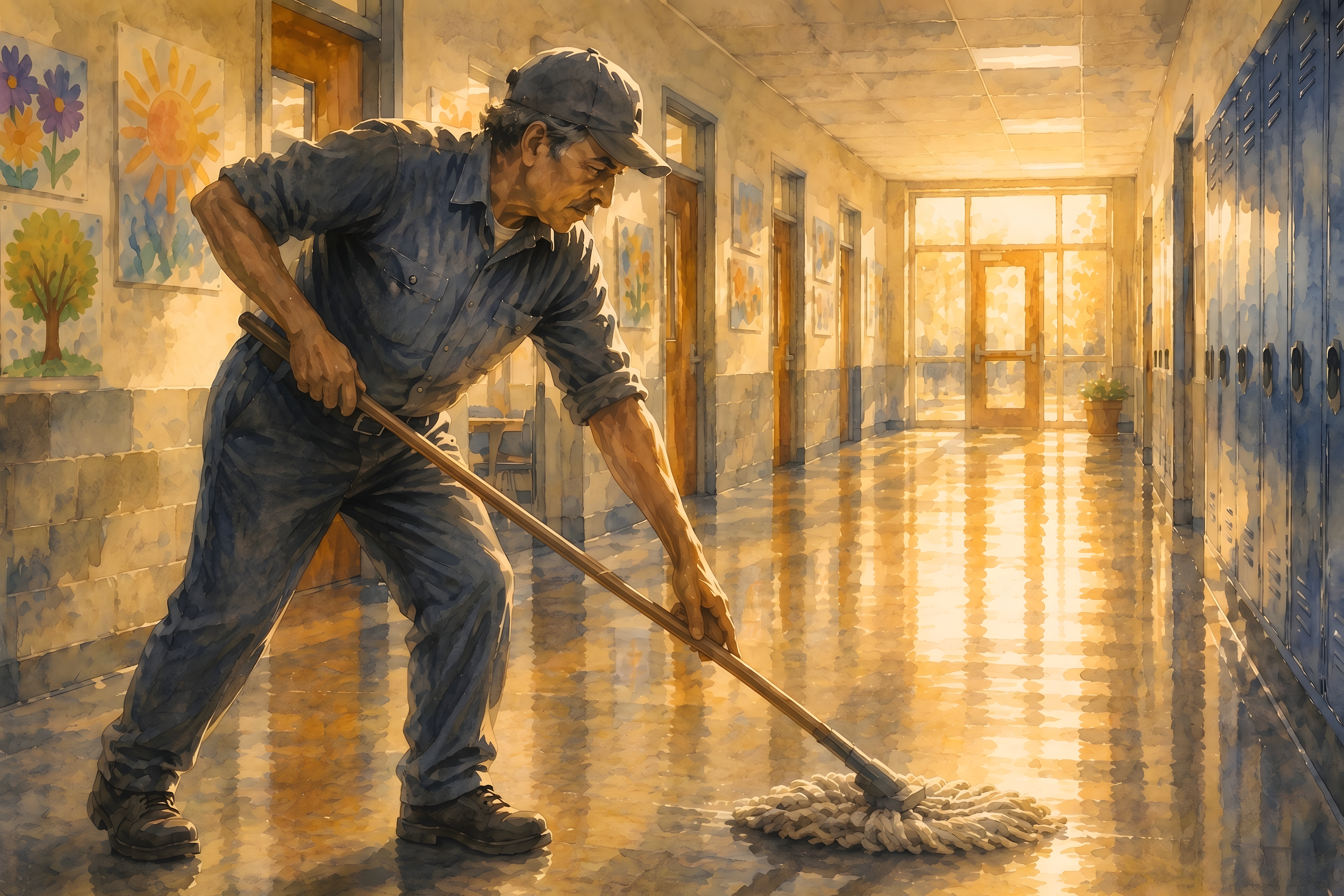 Watercolor art showing a school janitor mopping an empty hallway in warm morning light before students arrive, honoring quiet service, dedication, and the dignity of unseen work.