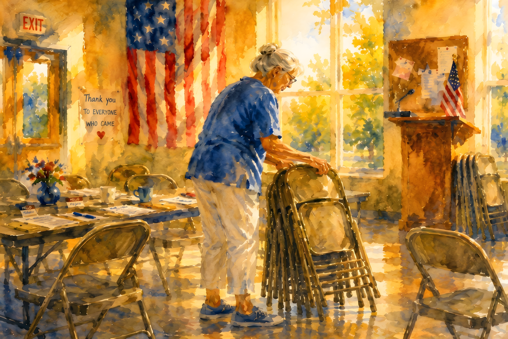 Civic art print of an elderly volunteer stacking folding chairs in a sunlit community hall after a meeting has ended. Papers, coffee cups, and empty chairs remain as warm golden light fills the room, symbolizing quiet service, civic responsibility, and the unseen work that strengthens communities.