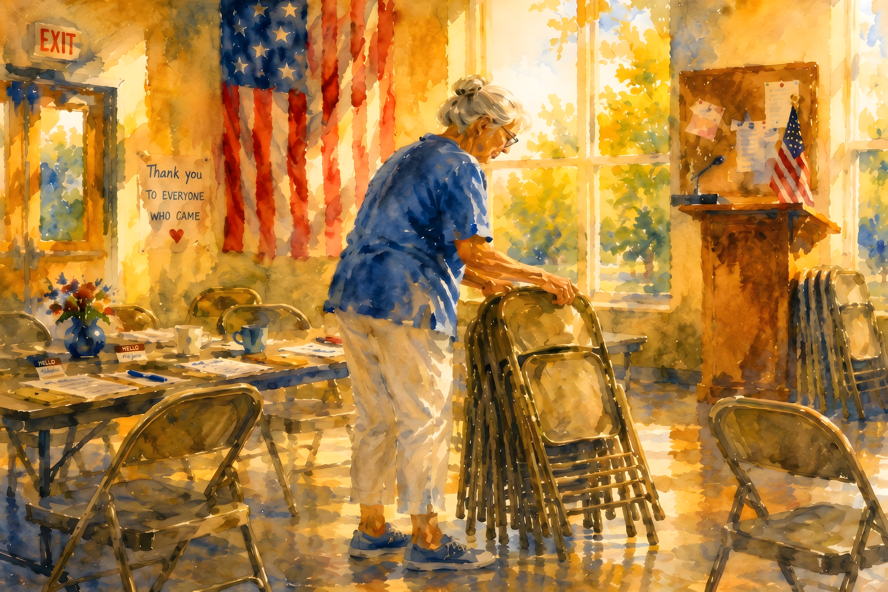 Civic art print of an elderly volunteer stacking folding chairs in a sunlit community hall after a meeting has ended. Papers, coffee cups, and empty chairs remain as warm golden light fills the room, symbolizing quiet service, civic responsibility, and the unseen work that strengthens communities.