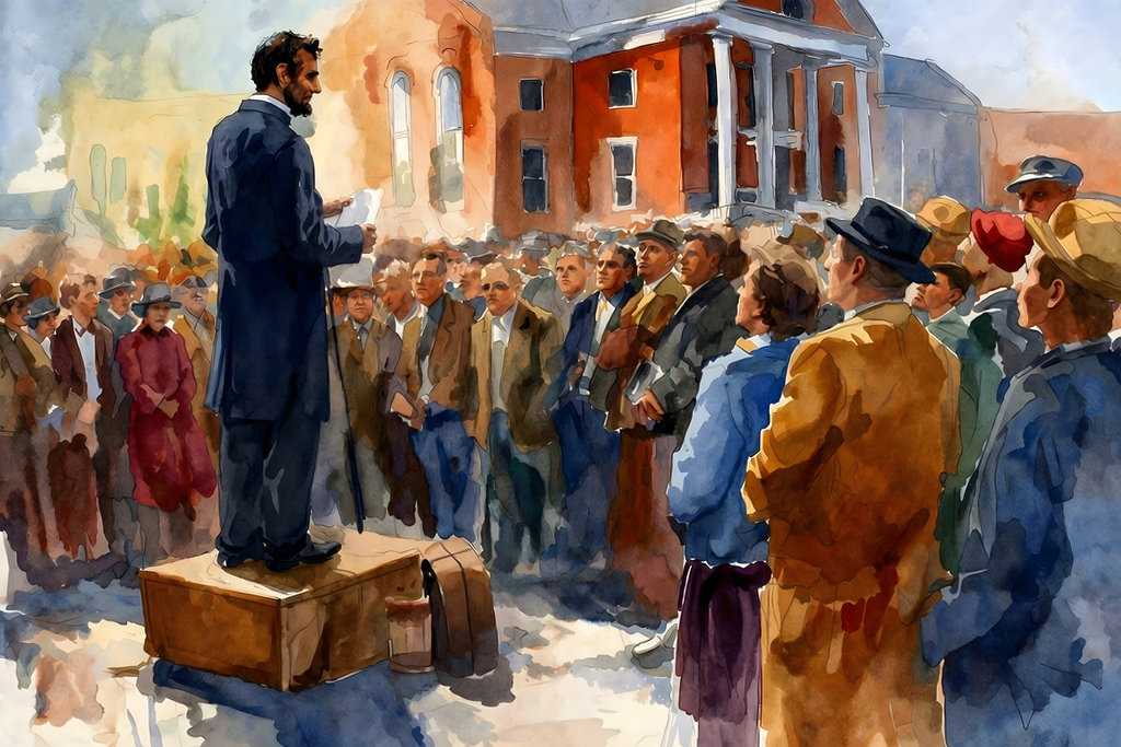 Democracy art showing Abraham Lincoln speaking to a crowd of people in a town square.