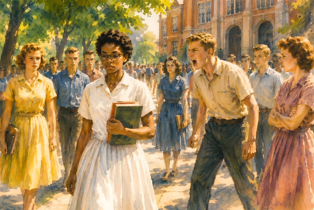 Watercolor image titled Little Rock showing Elizabeth Eckford walking with books toward school during the 1957 integration of Little Rock Central High School, surrounded by hostile classmates, symbolizing courage, dignity, and the fight for equal rights.
