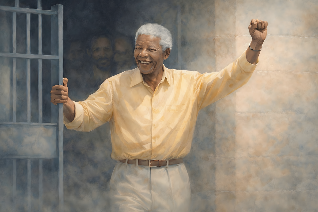 Democracy art and political art of Nelson Mandela Stepping through a prison gate, smiling and raising his fist as figures in remain in shadow behind him. Warm light fills the space ahead, contrasting with darker fills the space ahead, contrasting with the darker interior, suggesting a transition from confinement to freedom.