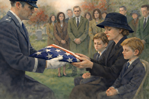 Military officer presents a folded American flag to a grieving widow during a solemn cemetery funeral ceremony, shown in expressive watercolor style.