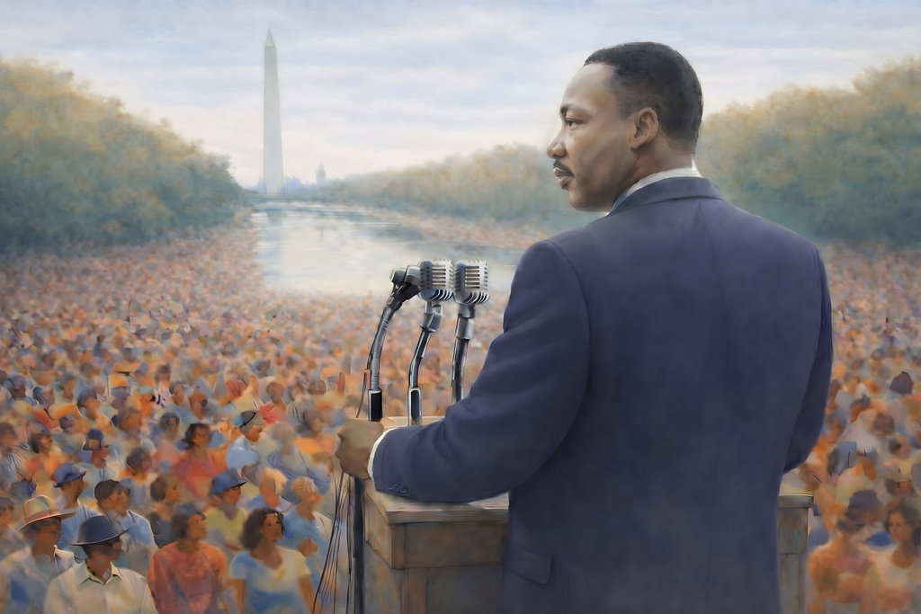 Civil rights art showing Martin Luther King speaking at the March on Washington