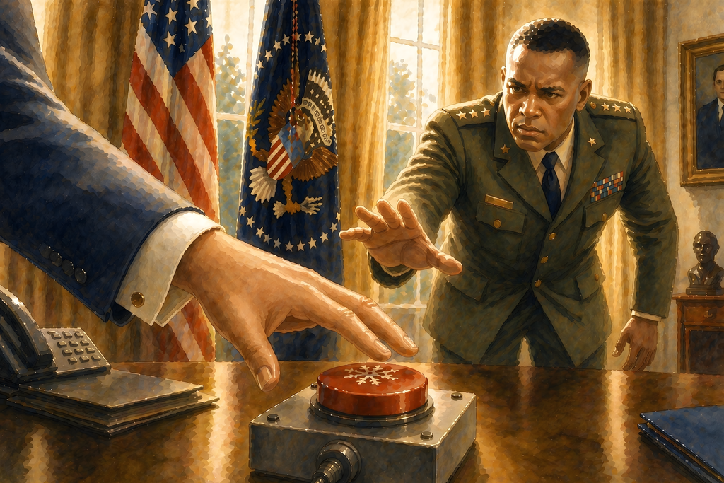 Watercolor fine art of a military officer reaching to stop a hand pressing a nuclear button, capturing tension, restraint, and consequence. 