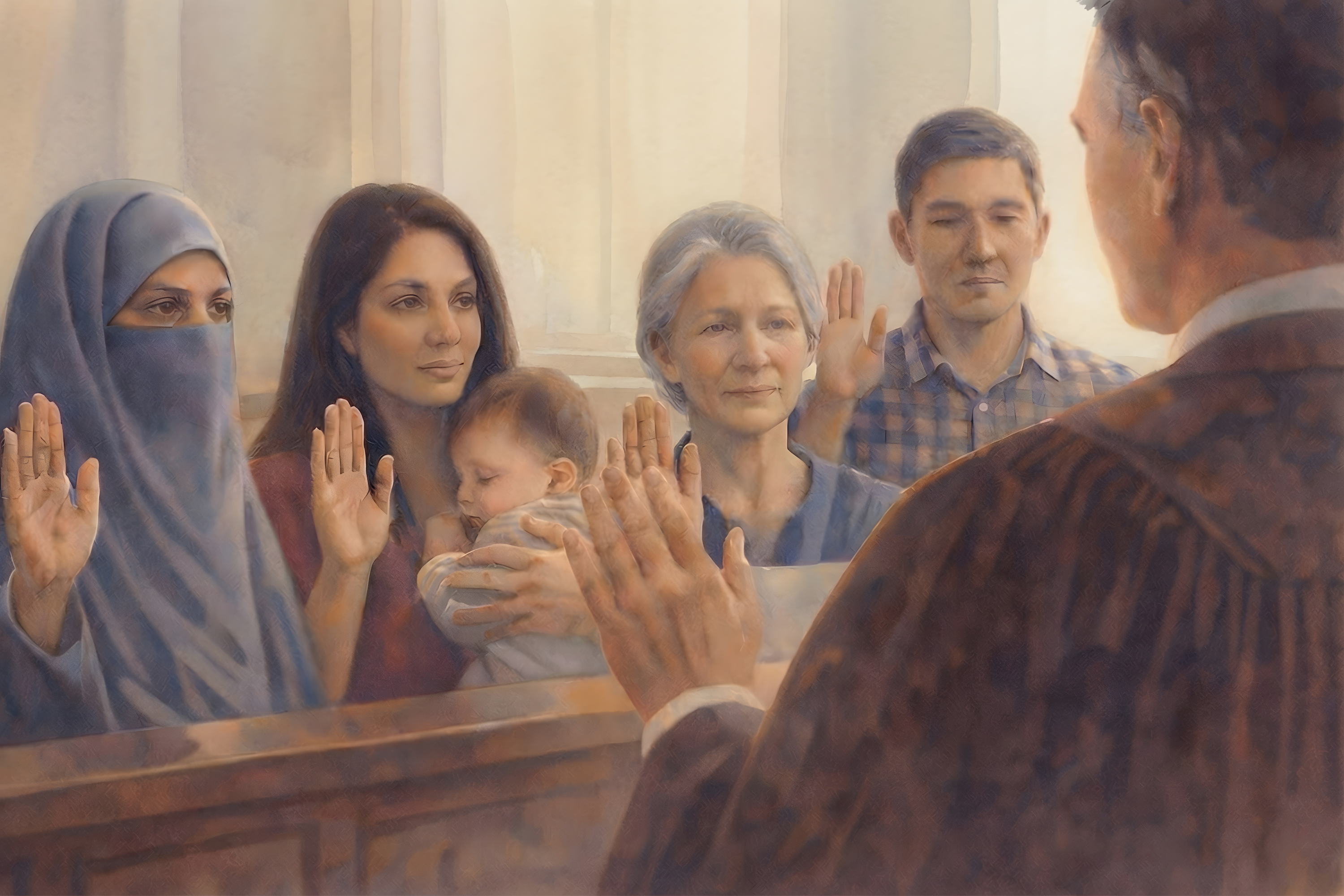 Watercolor civic art scene of a naturalization ceremony, viewed from behind a judge as four diverse individuals raise their right hand to take the oath, including a veiled woman and a mother holding her baby, rendered in a soft, painterly style with warm and cool tones