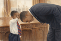 Child touches President Obama's hair imagining future possibilities, captured in an expressive civic art watercolor painting