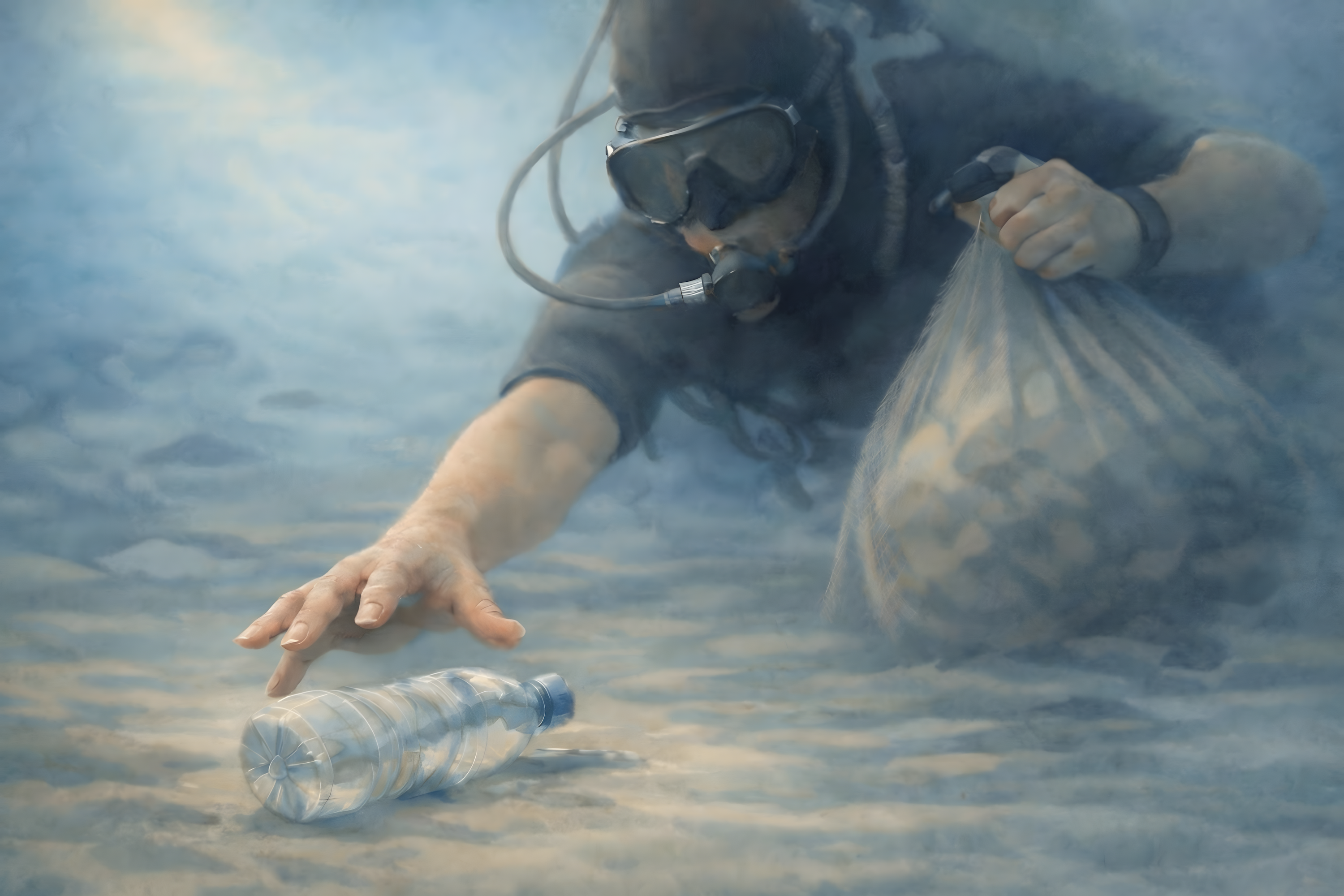 A civic fine art watercolor of a scuba diver reaching for a bottle on the ocean floor, holding a partially filled mesh bag of debris with a soft light filtering through blue-green water and scattered waste fading into the background