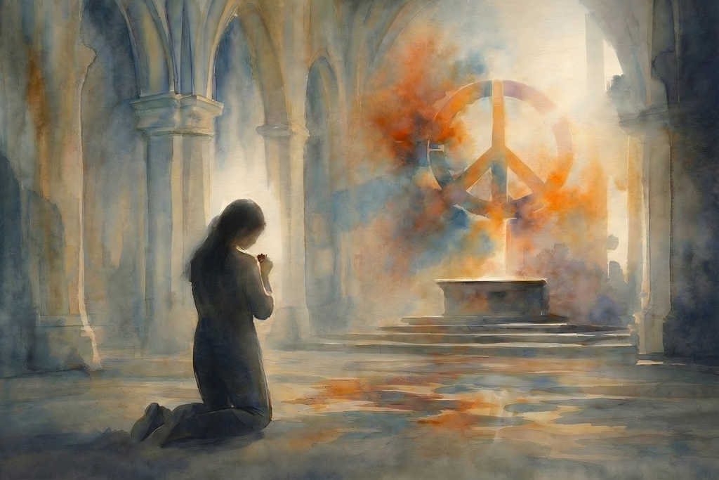 Woman kneels in prayer to a peace symbol in a soft, expressive watercolor painting.