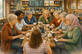 Watercolor fine art showing diverse women gathered in a coffee shop writing postcards to public officials and participating in civic engagement 