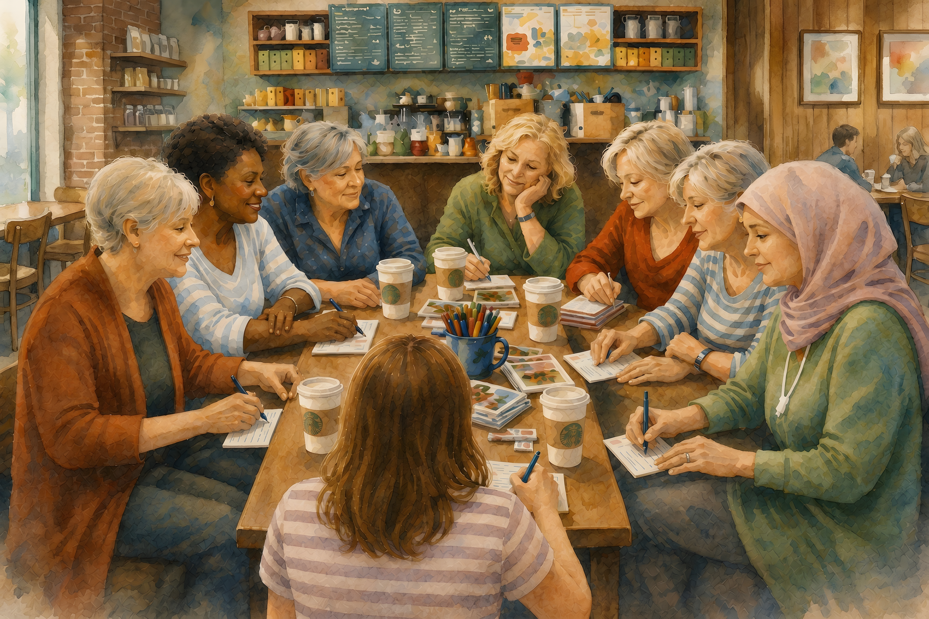 Watercolor fine art showing diverse women gathered in a coffee shop writing postcards to public officials and participating in civic engagement 