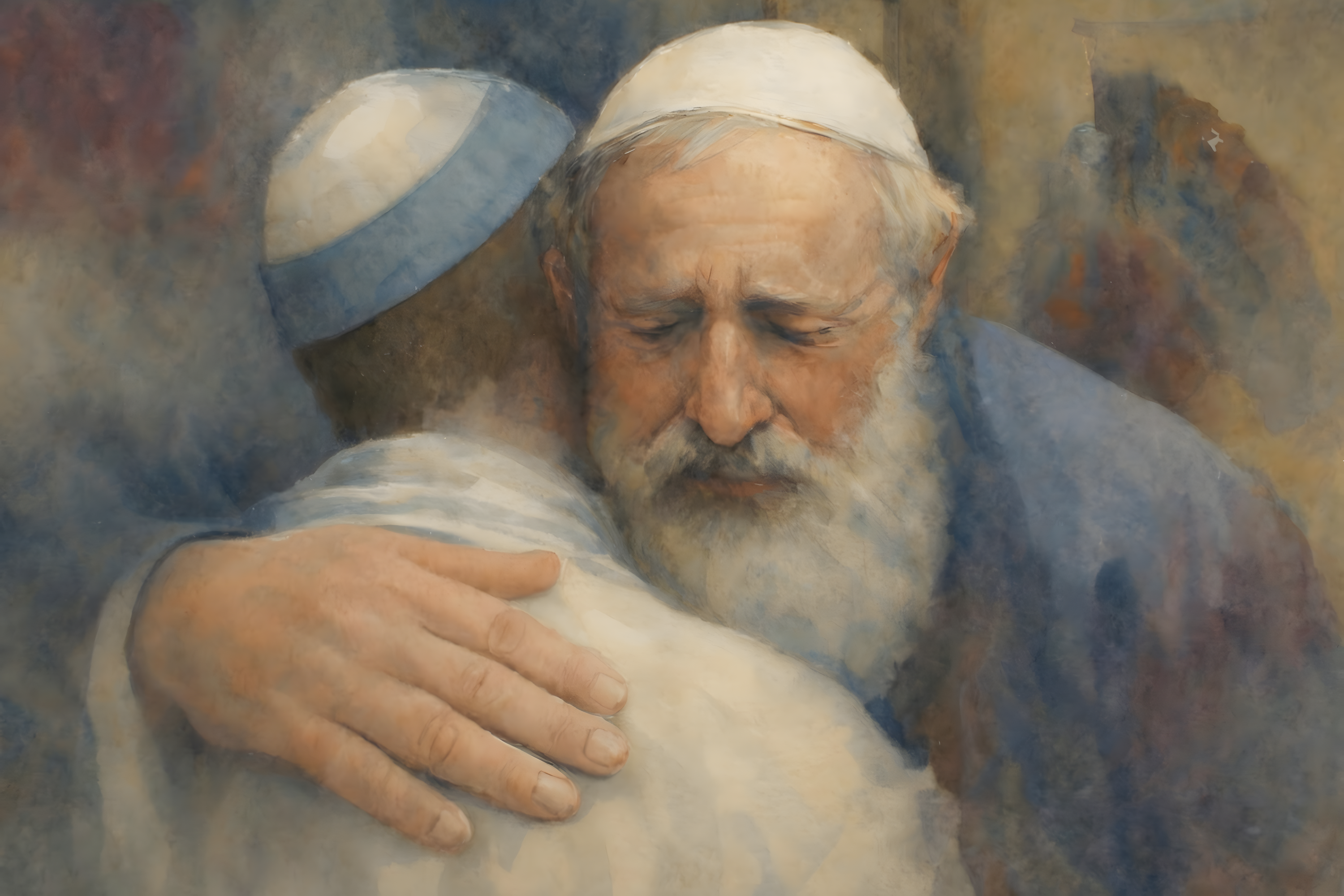 Religious freedom art showing leaders from different faiths embracing and showing unity in a democratic society.