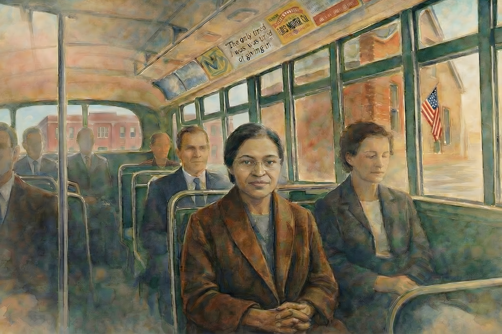 Civil rights art showing Rosa Parks on a bus, symbolizing civil disobedience and the fight for equal rights during the civil rights movement.