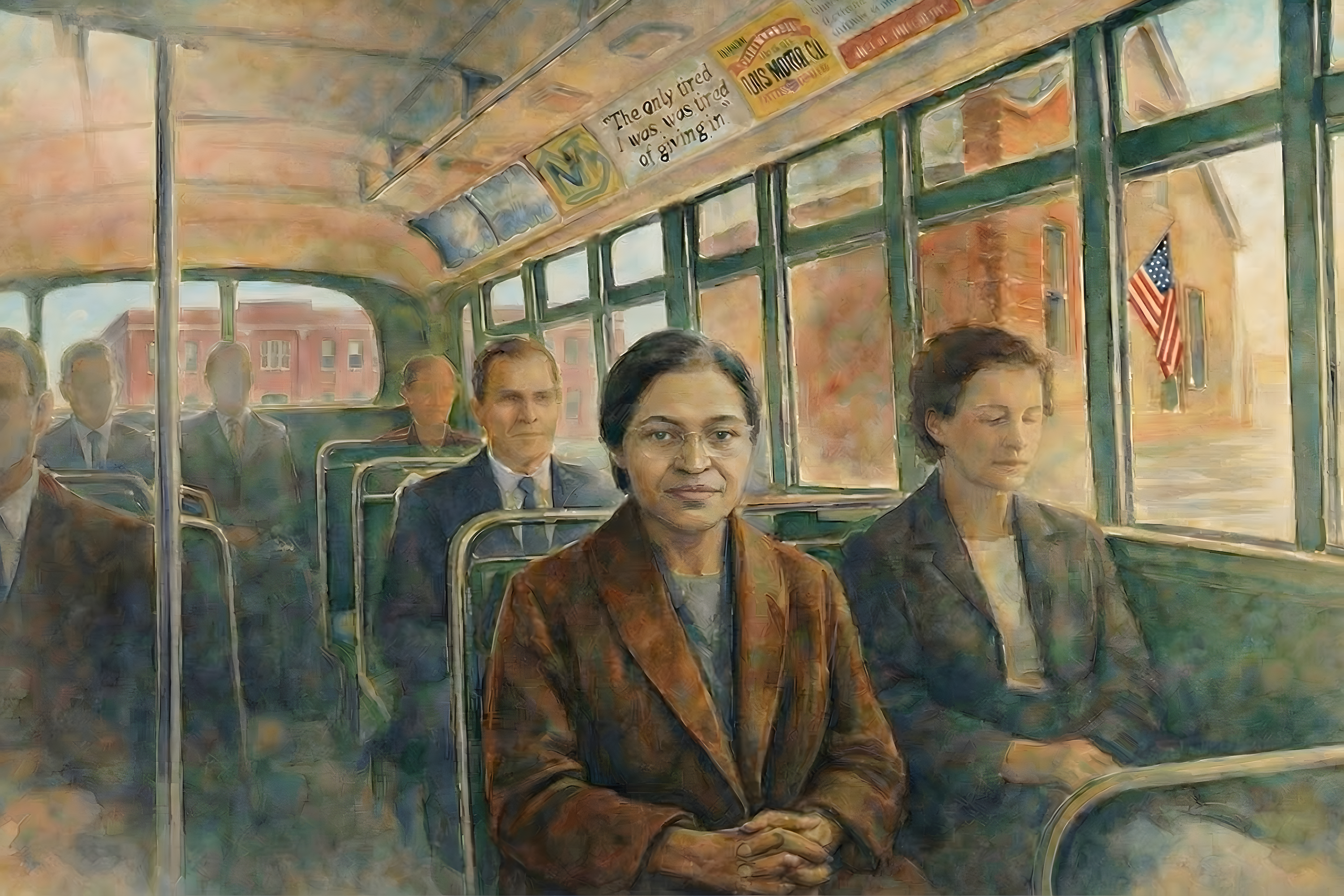 Civil rights art showing Rosa Parks on a bus, symbolizing civil disobedience and the fight for equal rights during the civil rights movement.