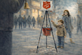 Civic art and expressive watercolor showing a young man contributing to the Salvation Army.