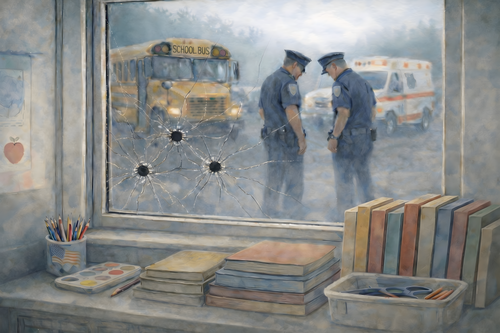 A watercolor painting of a quiet classroom viewed from inside, looking out through a shattered window, marked by three bullet holes and spreading crack. Outside, two police officers stand near a school bus and ambulance in a subdued emergency scene.