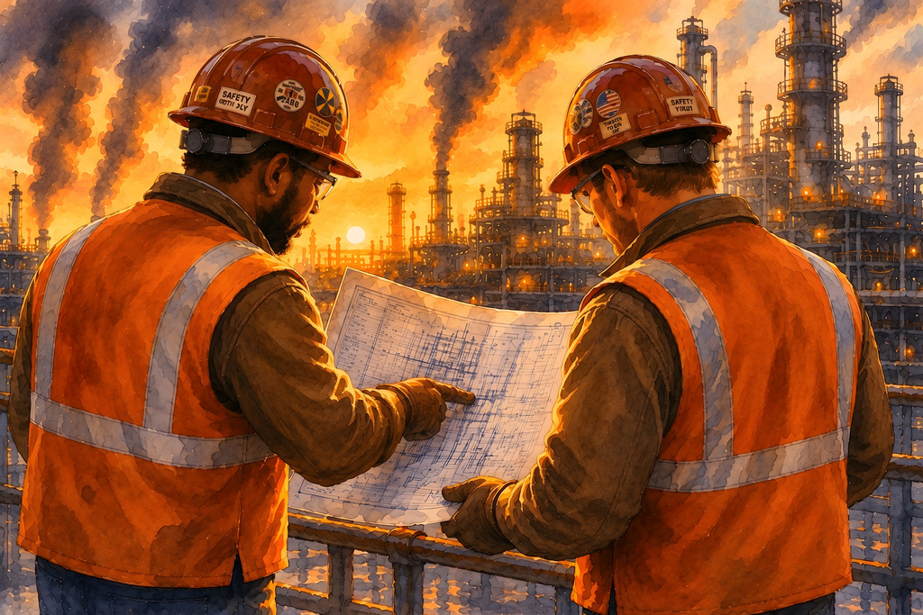 Two refinery workers in orange safety vests review technical plans at sunset, standing before a vast industrial complex of pipes, towers, and smokestacks in an expressive watercolor painting celebrating teamwork, expertise, and the dignity of work.