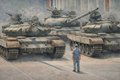 Democracy art and political art showing a lone man standing before a line of tanks in Tiananmen Square, symbolizing the courage of individuals who confront authoritarian power
